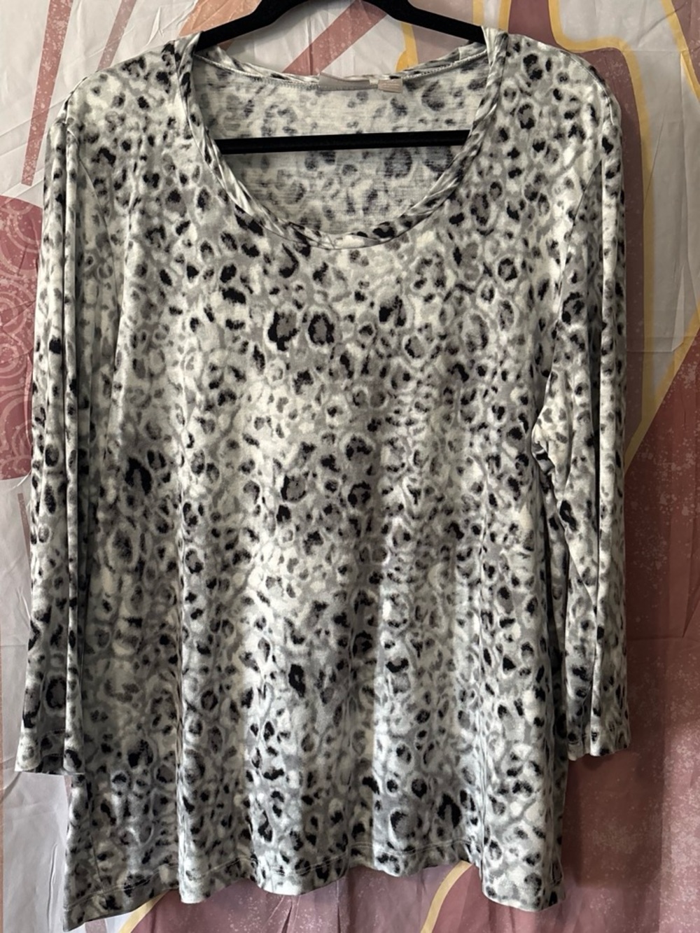 Chico's Gray and Black Leopard Print Long-Sleeve Top with subtle twisty collar